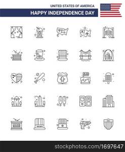 Modern Set of 25 Lines and symbols on USA Independence Day such as day  day  map  saloon  bar Editable USA Day Vector Design Elements