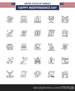 Modern Set of 25 Lines and symbols on USA Independence Day such as bridge; star; monument; movies; chair Editable USA Day Vector Design Elements