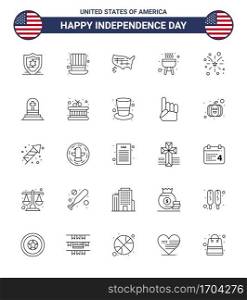 Modern Set of 25 Lines and symbols on USA Independence Day such as usa  fire  states  firework  bbq Editable USA Day Vector Design Elements