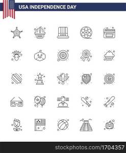 Modern Set of 25 Lines and symbols on USA Independence Day such as movies  american  hat  video  movis Editable USA Day Vector Design Elements