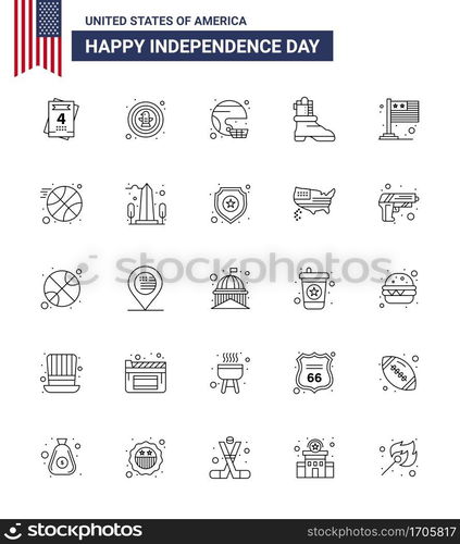 Modern Set of 25 Lines and symbols on USA Independence Day such as country; boot; american; shose; state Editable USA Day Vector Design Elements