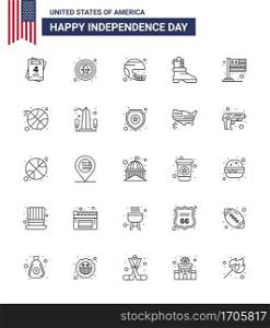 Modern Set of 25 Lines and symbols on USA Independence Day such as country; boot; american; shose; state Editable USA Day Vector Design Elements