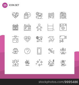 Modern Set of 25 Lines Pictograph of education, music, moisturizer, security, protection Editable Vector Design Elements