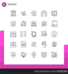Modern Set of 25 Lines Pictograph of mail, love, wild, heart, connect Editable Vector Design Elements