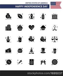 Modern Set of 25 Solid Glyph and symbols on USA Independence Day such as independece  drum  building  wine  alcohol Editable USA Day Vector Design Elements