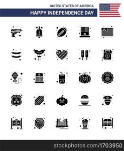 Modern Set of 25 Solid Glyph and symbols on USA Independence Day such as flag  usa  ball  hat  american Editable USA Day Vector Design Elements