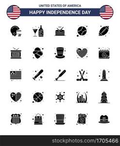 Modern Set of 25 Solid Glyph and symbols on USA Independence Day such as footbal  united  drum  states  american Editable USA Day Vector Design Elements