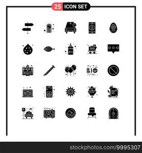 Modern Set of 25 Solid Glyphs and symbols such as egg, mobile application, car, mobile, vehicles Editable Vector Design Elements