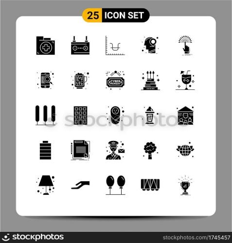 Modern Set of 25 Solid Glyphs and symbols such as mind, location, electricity, head, graph Editable Vector Design Elements