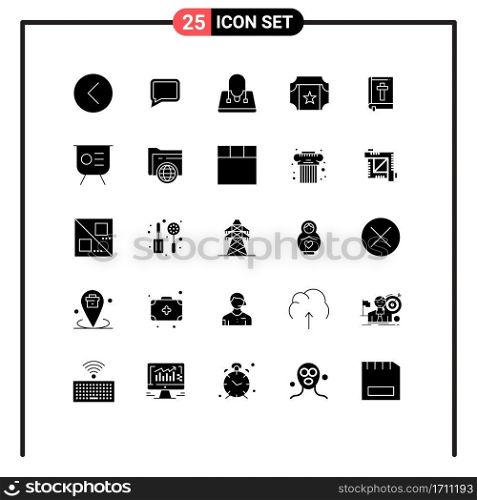 Modern Set of 25 Solid Glyphs and symbols such as religion, book, bag, bible, film Editable Vector Design Elements