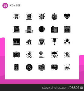 Modern Set of 25 Solid Glyphs and symbols such as valentine, heart, global, practice, concentration Editable Vector Design Elements