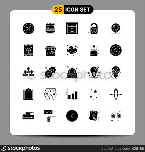 Modern Set of 25 Solid Glyphs and symbols such as wedding, love, usa, tag, drawer Editable Vector Design Elements
