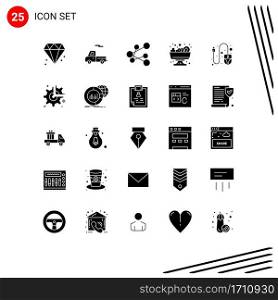 Modern Set of 25 Solid Glyphs and symbols such as wheel, gear, share, scroll, computer Editable Vector Design Elements