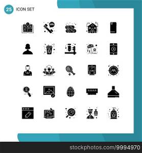 Modern Set of 25 Solid Glyphs Pictograph of android, smart phone, fireplace, phone, plant Editable Vector Design Elements