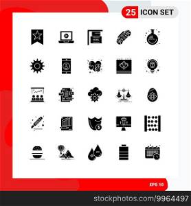Modern Set of 25 Solid Glyphs Pictograph of cogs, jar, holiday, flask, technology Editable Vector Design Elements