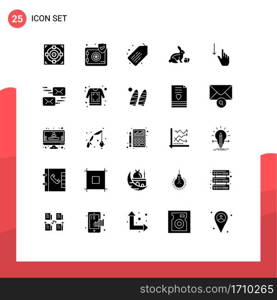 Modern Set of 25 Solid Glyphs Pictograph of gesture, down, tag, nature, easter Editable Vector Design Elements