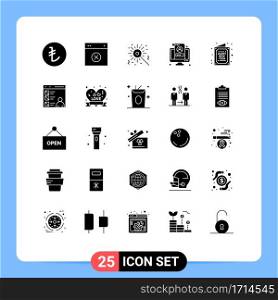 Modern Set of 25 Solid Glyphs Pictograph of greetings, profile, bengal, screen, lcd Editable Vector Design Elements
