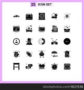 Modern Set of 25 Solid Glyphs Pictograph of medicine, capsule, electricity, setting, laptop Editable Vector Design Elements