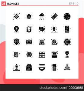 Modern Set of 25 Solid Glyphs Pictograph of weather, moon, storage, tickets, movie tickets Editable Vector Design Elements