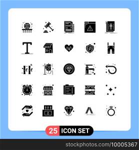 Modern Set of 25 Solid Glyphs Pictograph of web page, security, law, internet, hardware Editable Vector Design Elements