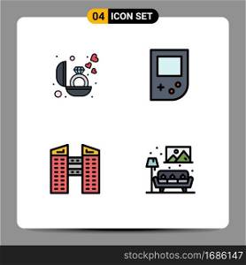 Modern Set of 4 Filledline Flat Colors and symbols such as engagement, construction, gift, gameboy, living Editable Vector Design Elements