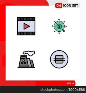 Modern Set of 4 Filledline Flat Colors and symbols such as media, factory, player, banking, production Editable Vector Design Elements