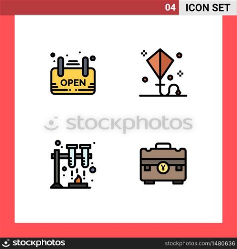 Modern Set of 4 Filledline Flat Colors and symbols such as open, chemistry, board, kite, space Editable Vector Design Elements