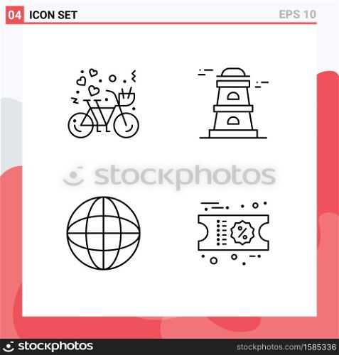 Modern Set of 4 Filledline Flat Colors Pictograph of bicycle, internet, heart, tower, discount Editable Vector Design Elements