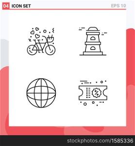 Modern Set of 4 Filledline Flat Colors Pictograph of bicycle, internet, heart, tower, discount Editable Vector Design Elements