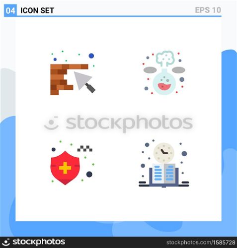 Modern Set of 4 Flat Icons and symbols such as wall, insurance, trowel, lab, clock Editable Vector Design Elements
