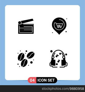 Modern Set of 4 Solid Glyphs and symbols such as action, bean, clapper, next, food Editable Vector Design Elements