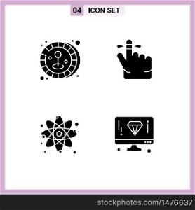 Modern Set of 4 Solid Glyphs and symbols such as coin, physics, finger, atom, diamond Editable Vector Design Elements