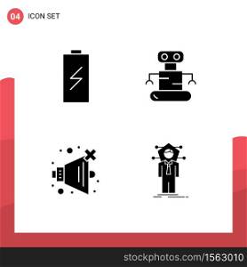 Modern Set of 4 Solid Glyphs Pictograph of battery, sound, electric, robot, business Editable Vector Design Elements