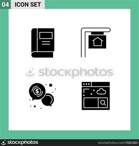 Modern Set of 4 Solid Glyphs Pictograph of book, chat, read, sign, dollar Editable Vector Design Elements