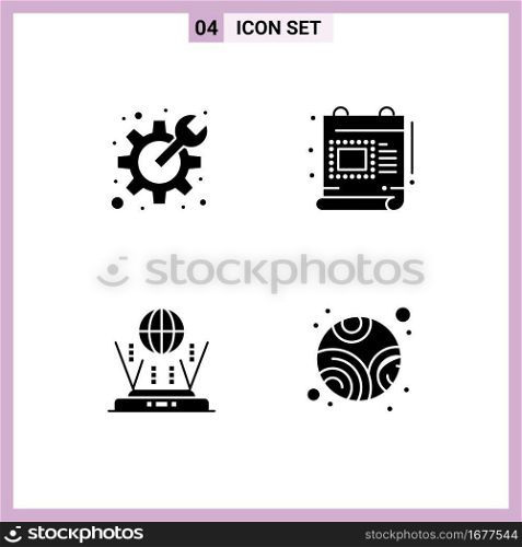 Modern Set of 4 Solid Glyphs Pictograph of cog, globe, spanner, document, connect Editable Vector Design Elements