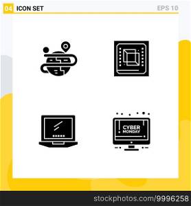 Modern Set of 4 Solid Glyphs Pictograph of creative, computer, map, cpu, device Editable Vector Design Elements