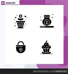 Modern Set of 4 Solid Glyphs Pictograph of flower, investment, money growth, scent, lock Editable Vector Design Elements