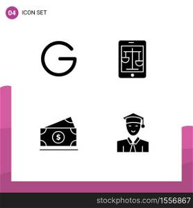 Modern Set of 4 Solid Glyphs Pictograph of gulden, dollar, crypto currency, law, amearican Editable Vector Design Elements