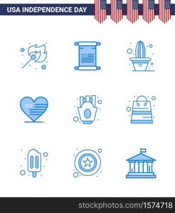 Modern Set of 9 Blues and symbols on USA Independence Day such as french fries; flag; cactus; american; heart Editable USA Day Vector Design Elements