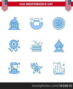 Modern Set of 9 Blues and symbols on USA Independence Day such as cake  independence  holiday  holiday  day Editable USA Day Vector Design Elements