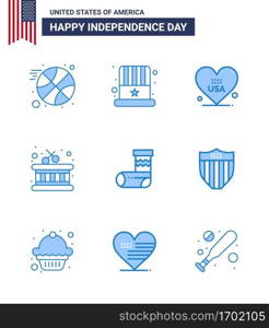 Modern Set of 9 Blues and symbols on USA Independence Day such as gift  christmas  love  celebration  instrument Editable USA Day Vector Design Elements