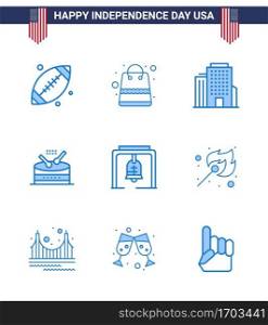Modern Set of 9 Blues and symbols on USA Independence Day such as christmas bell; alert; building; parade; instrument Editable USA Day Vector Design Elements