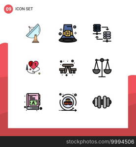 Modern Set of 9 Filledline Flat Colors and symbols such as bench, broken heart, hat, sewing heart, server rack Editable Vector Design Elements