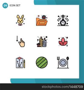Modern Set of 9 Filledline Flat Colors and symbols such as birthday, gestures, clock, gesture, down Editable Vector Design Elements