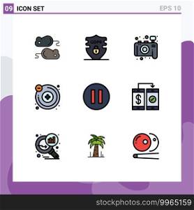 Modern Set of 9 Filledline Flat Colors and symbols such as cashless, pause, camera, multimedia, chemistry Editable Vector Design Elements