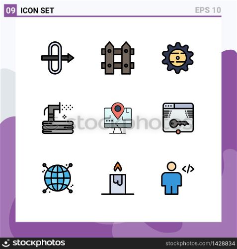 Modern Set of 9 Filledline Flat Colors and symbols such as location, computer, drink, water, hose Editable Vector Design Elements