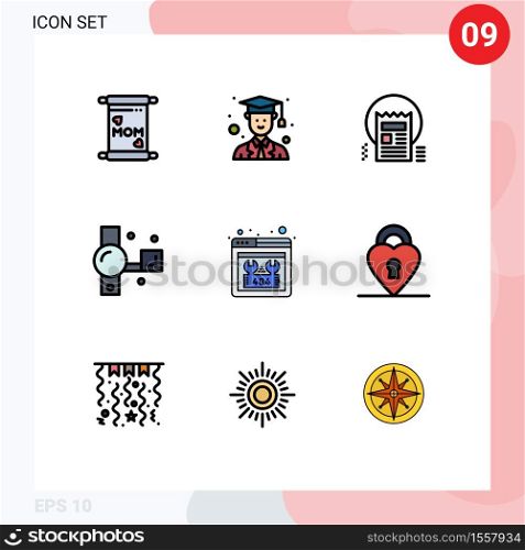 Modern Set of 9 Filledline Flat Colors and symbols such as missing, video camera, article, recording, camera Editable Vector Design Elements