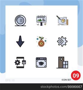 Modern Set of 9 Filledline Flat Colors and symbols such as money, bag, content, down, text Editable Vector Design Elements
