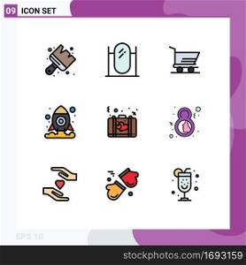Modern Set of 9 Filledline Flat Colors and symbols such as romance, briefcase, cart, bag, shuttle Editable Vector Design Elements