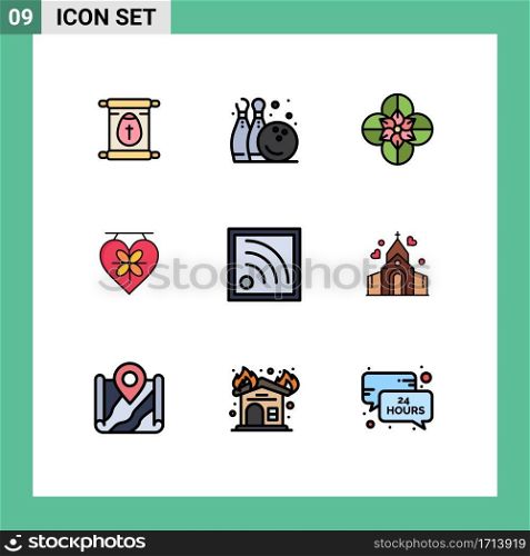 Modern Set of 9 Filledline Flat Colors and symbols such as signal, wedding, anemone, heart, board Editable Vector Design Elements